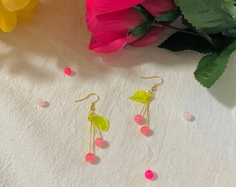 Red Berry Bead Earrings, cute handmade berry flower leaf dangle earrings