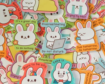 Lazy Bun Stickers, funny and silly bunny stickers with relatable phrases, funny individual sticker pack, weatherproof waterproof sticker