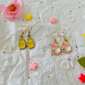 Banana Milk, Cherry Juice Dangle Earrings, cute asian drink simple dangle earring charms