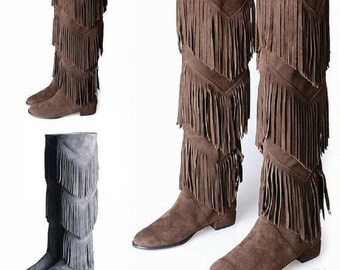 Retro Women's Overknee Long Boots Tassels Fringe Flats Winter Fall Outdoor Shoes Handmade