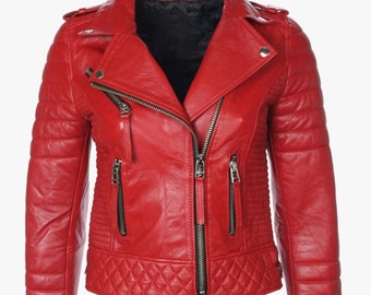 Men's Lambskin 100% Leather High Quality Red Jacket Motorcycle Slim fit Biker Handmade