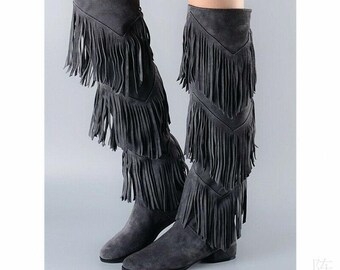 Retro Women's Overknee Long Boots Tassels Fringe Flats Winter Fall Outdoor Shoes Handmade