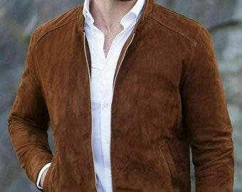 Handmade Men's Fashion Brown Genuine Suede Leather Biker Jacket Handcraft