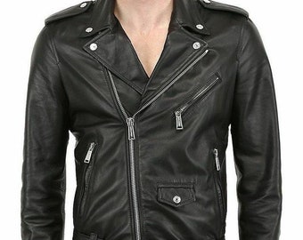 Men's Leather Jacket Biker Black Motorcycle Genuine Lambskin Jacket Handmade