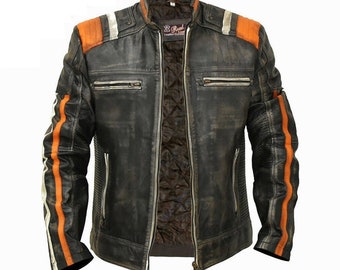 Men's Retro 3 Cafe Racer Biker Vintage Motorcycle Distressed Real Leather Jacket Handmade