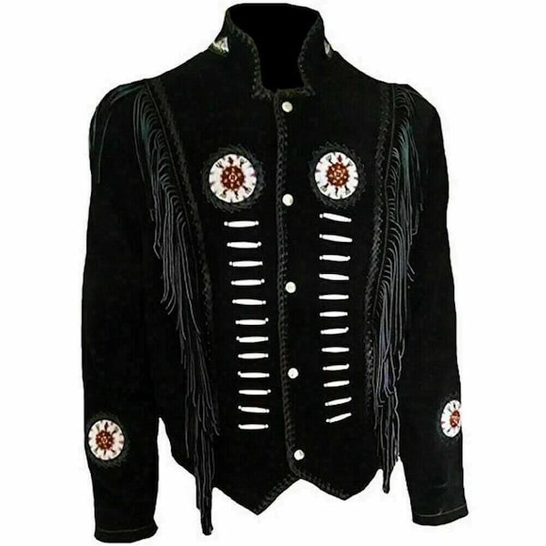 Men's Traditional Handmade Cowboy Western Leather Jacket Coat With Fringe Bone and Beads Handmade Handcraft