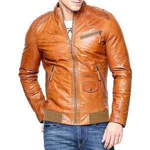 Men Real Lambskin Tan Brown Leather Motorcycle Slim fit Biker Bomber Jacket Handmade