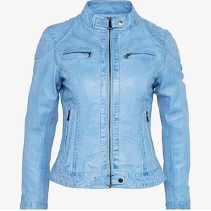 Cuir d'agneau pour femme/veste motard/veste de moto bleu ciel style jean fait main