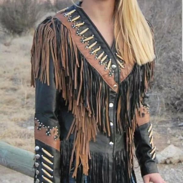 Handmade The Native American Western Women's Cow Leather Jacket with Fringe and bone 1010 Handcraft