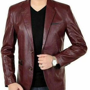 Men's Maroon Lambskin Leather Blazer - All Season, Two Button Coat