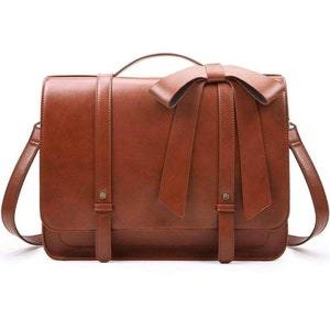 Women’s Handmade Brown Leather détachable Bow Big Briefcase Laptop Bag Shoulder Bag Leather Bag Leather Laptop Bag Leather Fashion Bag