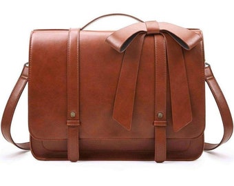 Women's Handmade Brown Leather detachable Bow Big Briefcase Laptop Bag Shoulder Bag Leather Bag Leather Laptop Bag Leather Fashion Bag