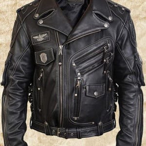 Men's Genuine Cowhide Leather Motorcycle Biker Jacket