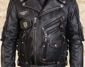 Men's Genuine Cowhide Leather Motorcycle Biker Jacket