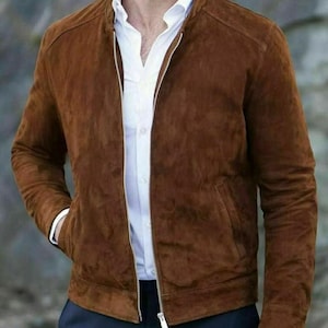 Handmade Men's Fashion Brown Genuine Suede Leather Biker Jacket Handcraft