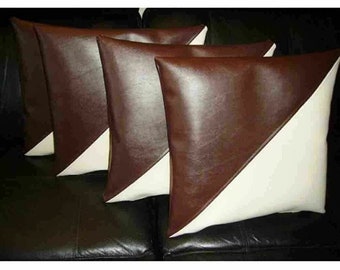 2 Pcs set of Pillow Leather Cushion Cover Genuine Soft Lambskin Brown Handmade