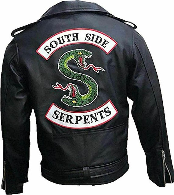 New Men s South Side Snake Black Real Leather Jacket Handmade