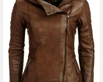 Handmade women Lambskin Top Leather Jacket warm Quilted Hooded