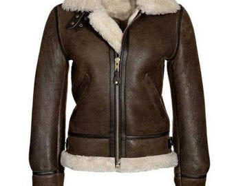 Women Distressed Brown Aviator Leather Jacket Handmade
