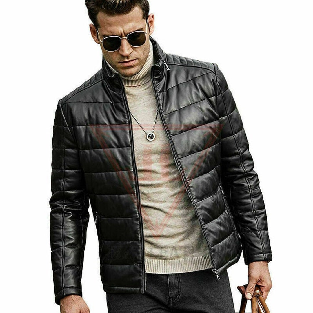 Men's Casual Genuine Quilted Puffer Real Leather Zipped - Etsy