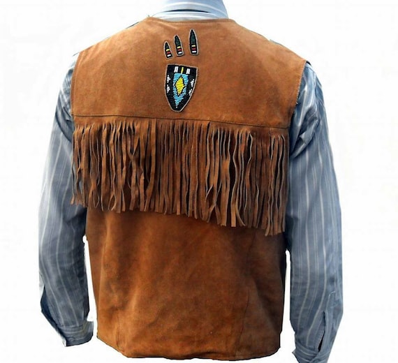 Chaleco de chaqueta de cuero occidental de vaquero tradicional hecho a mano para hombres con hueso de flecos y cuentas