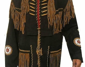 Men's Traditional Handmade Cowboy Western Leather Jacket Coat With Fringe Bone and Beads Handmade Handcraft