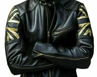 Men's Cafe Racer Black UK Flag Vintage Motorcycle Leather Jacket Handmade