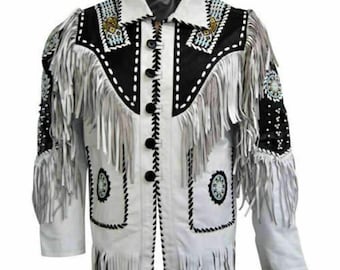 Men's Traditional Handmade Cowboy Western Leather Jacket Coat With Fringe Bone and Beads