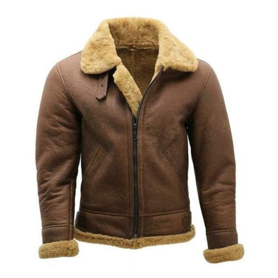 Men's Brown B3 Shearling WW2 Flying Aviator Bomber Sheepskin Leather ...