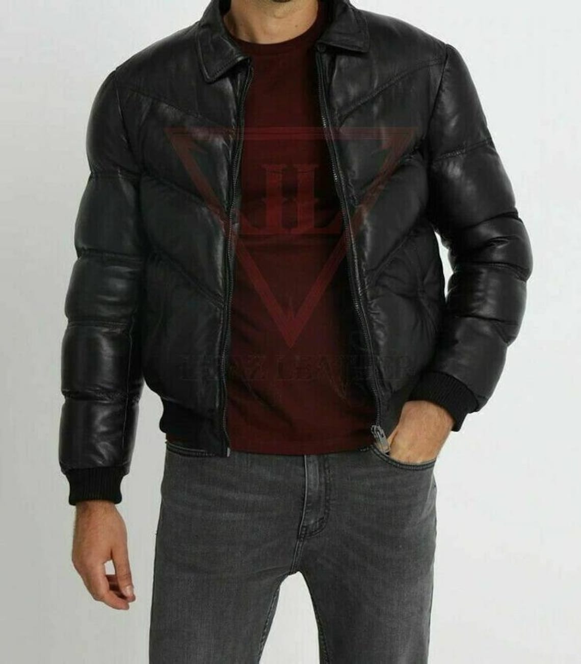 Men's Puffer Leather Jacket Black Fur Collar WARM Bomber Etsy