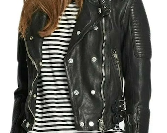 Chaqueta de motociclista de piel de cordero negra auténtica para mujer, corte entallado, de diseñador, hecha a mano