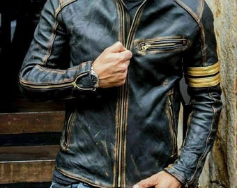 Men’s Motorcycle Biker Vintage Cafe Racer Distressed Black Real Leather Jacket handmade