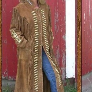 Handmade Women Western Wear Suede Leather Long Duster Coat Fringes and bones