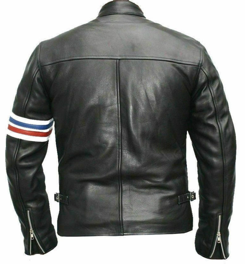 Peter Fonda Black Men Leather Jacket Sheepskin Biker Cafe Racer ...