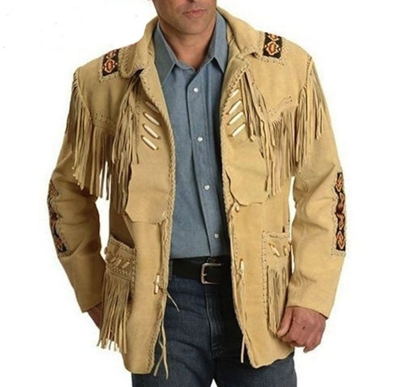 Men's Traditional Western cowboy Leather Jacket coat With Fringe Bone and Beads 