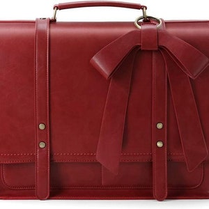 Women's Handmade Red Leather detachable Bow Big Briefcase Laptop Bag Shoulder Bag Leather Bag Leather Laptop Bag Leather Fashion Bag