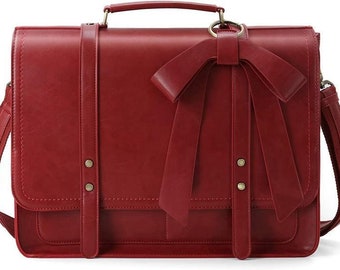 Women's Handmade Red Leather detachable Bow Big Briefcase Laptop Bag Shoulder Bag Leather Bag Leather Laptop Bag Leather Fashion Bag