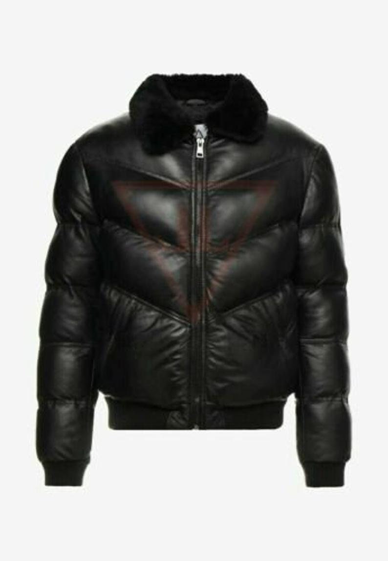 Men's Puffer Leather Jacket Black Fur Collar WARM Bomber REAL LEATHER
