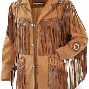 Jaqueta masculina tradicional de couro estilo cowboy, feita à mão, com franjas, barbatanas e miçangas.