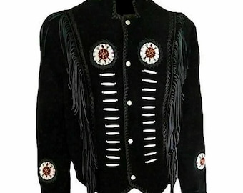 Handmade Suede Western Jacket: Men's Cowboy Coat with Fringe & Bone Beads