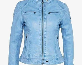 Damen Lammfell Leder / Jacke Biker / Motorrad Sky Blue Jeans Stil Jacke Handmade