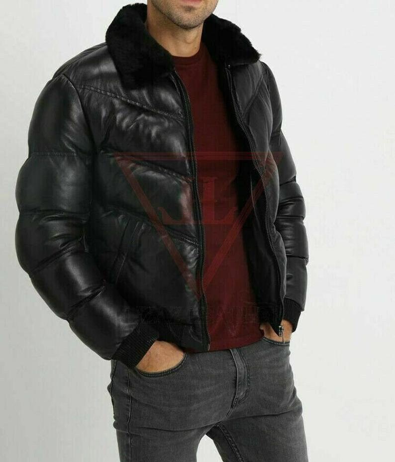 Herren Puffer Leder jacke schwarz Pelz Kragen WARM Bomber Etsy