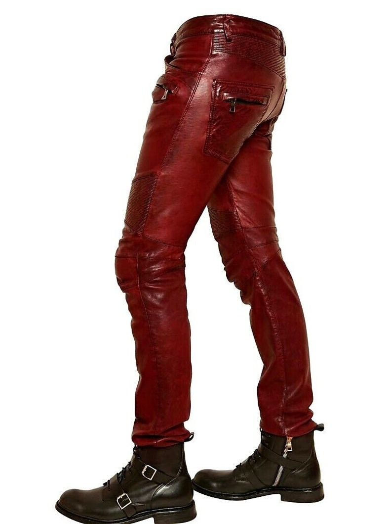 Mens Hot Genuine Leather Pants Motorcycle Multicolor Wax Bluf