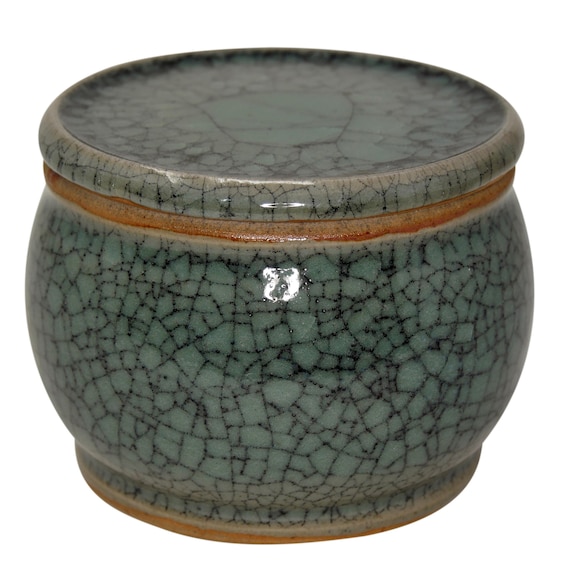 Original Französische Wassergekühlte Keramik Butterdose, Frische Und Streichzarte Butter, ca. 250g, EIS JADE Tusche  Seladon Craquelé B-G