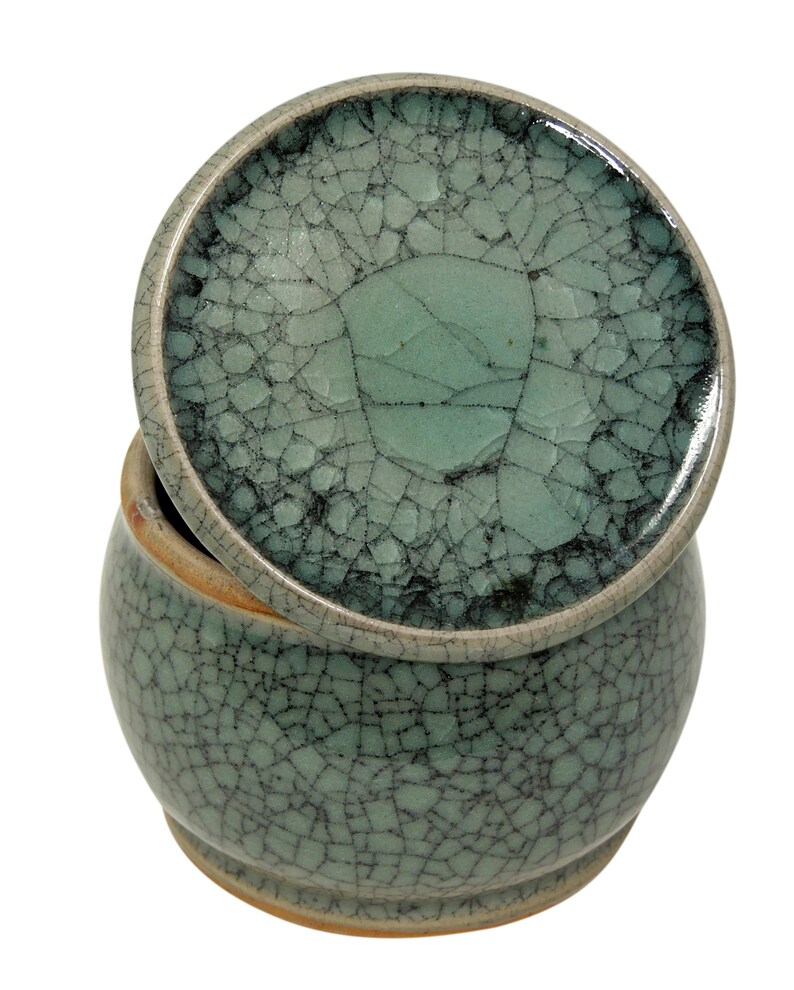 Original Französische Wassergekühlte Keramik Butterdose, Frische Und Streichzarte Butter, ca. 250g, EIS JADE Tusche Seladon Craquelé B-G 画像 4
