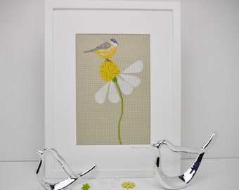 Picture "Blue Tit" framed cross stitch after Ch. Dahlbeck 30 x 40 cm spring decoration