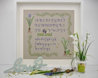 Embroidery picture "Spring ABC" sampler cross stitch after acufactum framed 50 x 50 cm flower motif spring decoration