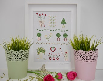 Picture "Hobby Garden" cross stitch after D. Rellecke framed 30 x 40 cm summer decoration hand embroidered