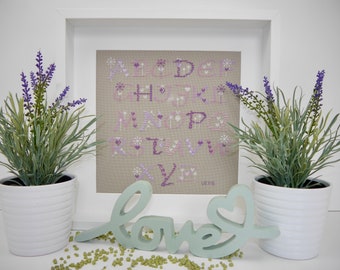 Embroidery picture "Summer ABC" sampler cross stitch framed 32 x 32 cm flower motif summer decoration