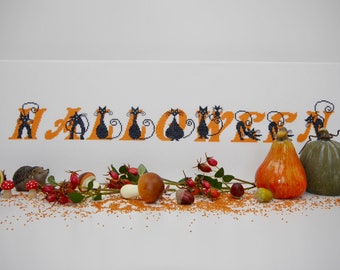Embroidery image "Halloween" cross-stitch on stretcher frame 25 x 75 cm Autumn decoration